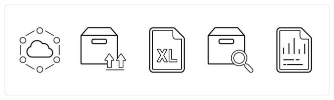 A set of 5 mix icons as cloud connection, upload folder, excel sheet in black line color vector