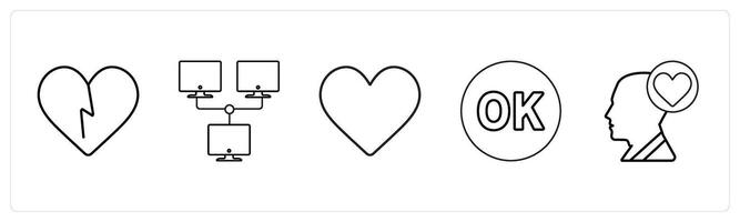 A set of 5 mix icons as heart broken, network, heart in black line color vector