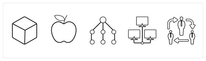 A set of 5 mix icons as box, apple, network in black line color vector