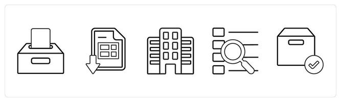 A set of 5 mix icons as save in drive, download excel sheet, building in black line color vector