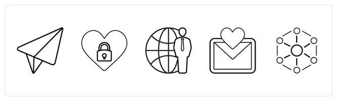 A set of 5 mix icons as message, secret romance, global service in black line color vector