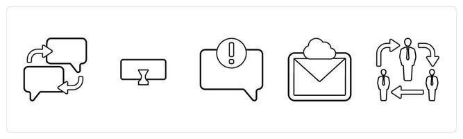 A set of 5 mix icons as communication, designation patch, error in comment in black line color vector
