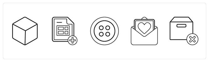 A set of 5 mix icons as box, add sheet, button in black line color vector