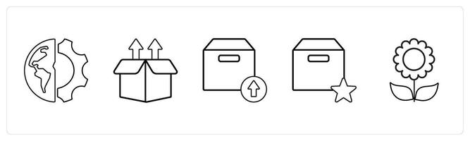 A set of 5 mix icons as global setting, upload box, upload package in black line color vector