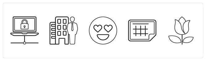 A set of 5 mix icons as connection, property dealer, happy in black line color vector