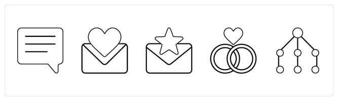 A set of 5 mix icons as chat, favorite message, relationship in black line color vector
