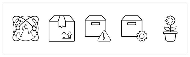 A set of 5 mix icons as global network, forward parcel, box information in black line color vector