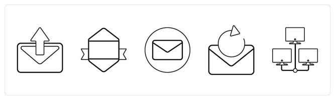 A set of 5 mix icons as forward message, designation, envelope in black line color vector