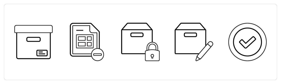 A set of 5 mix icons as parcel, remove sheet, secure box in black line color vector