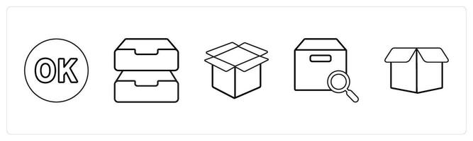 A set of 5 mix icons as ok, drives, box in black line color vector