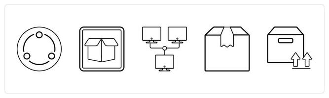 A set of 5 mix icons as network, drop box, parcel in black line color vector