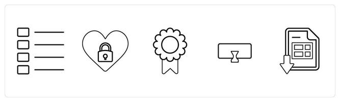 A set of 5 mix icons as nav menu, secret romance, brouche in black line color vector