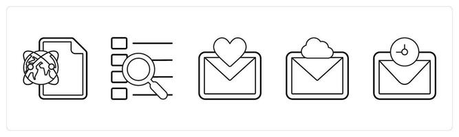 A set of 5 mix icons as global sheet, search menu, favorite message in black line color vector