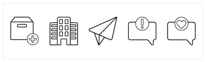 A set of 5 mix icons as add box, building, message, error in comment in black line color vector