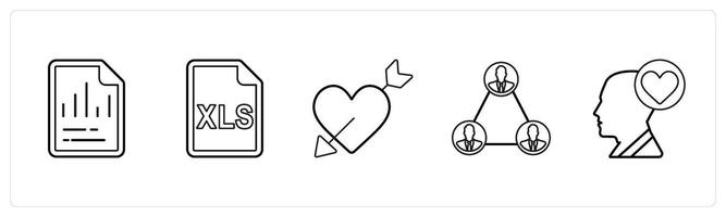 A set of 5 mix icons as graph, excel sheet, falling in love in black line color vector