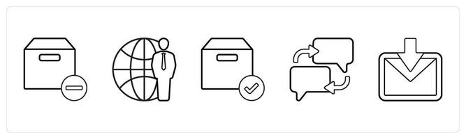 A set of 5 mix icons as remove box, global service, verified box in black line color vector