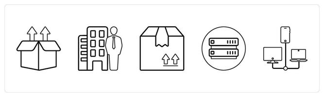 A set of 5 mix icons as upload box, property dealer, forward parcel in black line color vector