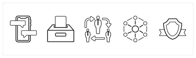 A set of 5 mix icons as chat, save in drive, network in black line color vector
