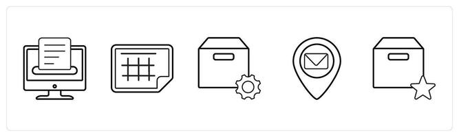 A set of 5 mix icons as save, excel sheet, box setting in black line color vector