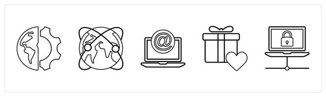 A set of 5 mix icons as global setting, global network, mention in black line color vector