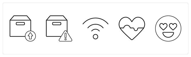 A set of 5 mix icons as upload package, box information, wifi in black line color vector