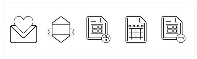 A set of 5 mix icons as favorite message, designation, add sheet in black line color vector