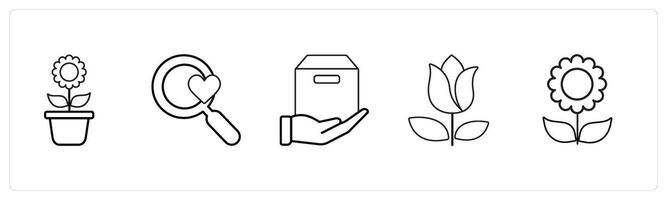 A set of 5 mix icons as flower pot, favorite search, forward parcel in black line color vector