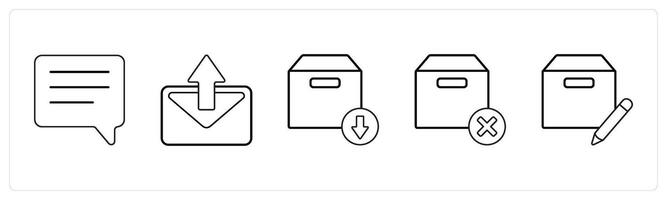 A set of 5 mix icons as chat, forward message, download box in black line color vector