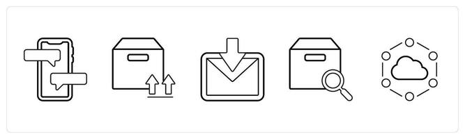 A set of 5 mix icons as chat, upload folder, received mail in black line color vector