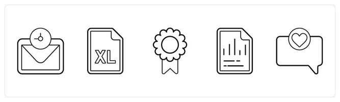 A set of 5 mix icons as mail, excel sheet, brouche in black line color vector