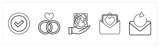 A set of 5 mix icons as verify, relationship, save earth in black line color vector