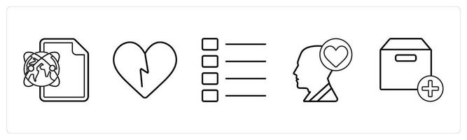 A set of 5 mix icons as global sheet, heart broken, nav menu in black line color vector