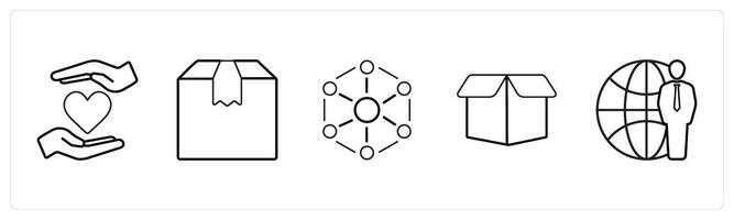 A set of 5 mix icons as favorite, parcel, connection, drop box in black line color vector