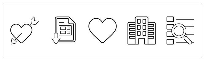 A set of 5 mix icons as falling in love, download excel sheet, heart in black line color vector