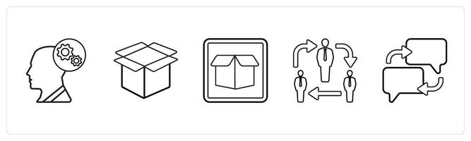 A set of 5 mix icons as optimization, box, drop box in black line color vector