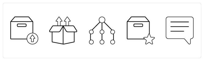A set of 5 mix icons as upload package, upload box, network in black line color vector