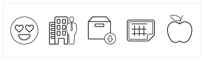 A set of 5 mix icons as happy, property dealer, download box in black line color vector