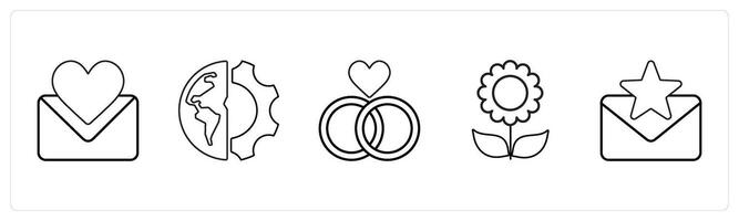 A set of 5 mix icons as favorite message, global setting, reletionship in black line color vector