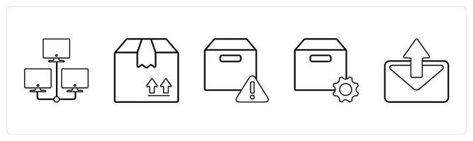 A set of 5 mix icons as hosting, forward parcel, box information in black line color vector