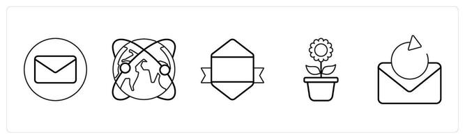 A set of 5 mix icons as envelope, global network, designation in black line color vector