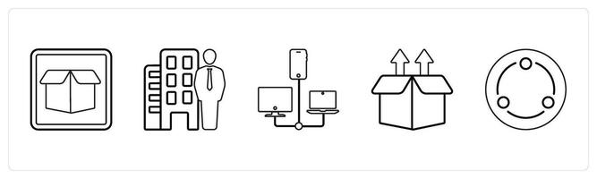 A set of 5 mix icons as drop box, property dealer, connection in black line color vector