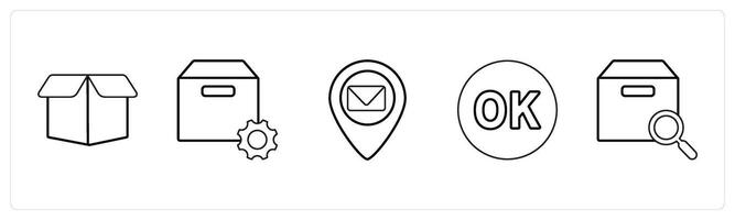 A set of 5 mix icons as drop box, box setting, message location in black line color vector