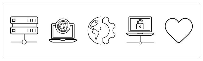 A set of 5 mix icons as drive, mention, global setting, connection in black line color vector