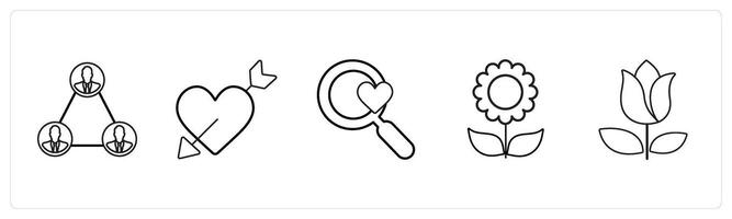 A set of 5 mix icons as network, falling in love, favorite search in black line color vector