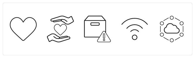 A set of 5 mix icons as heart, favorite, box information, in black line color vector