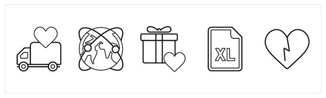 A set of 5 mix icons as favorite delivery, global network, favorite parcel in black line color vector