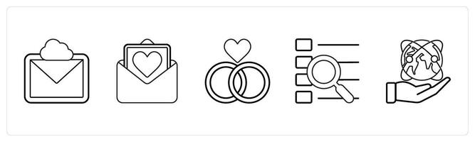 A set of 5 mix icons as cloud message, mail, relationship in black line color vector