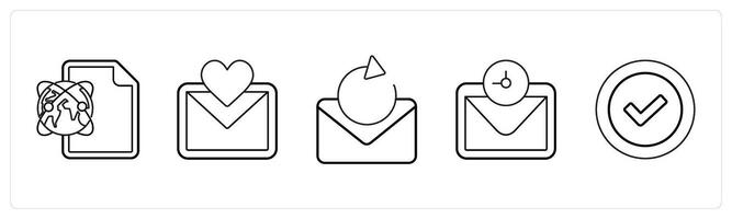 A set of 5 mix icons as global sheet, favorite message, refresh message in black line color vector
