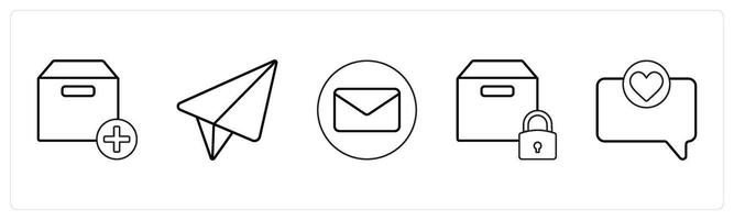 A set of 5 mix icons as add box, message, envelope in black line color vector
