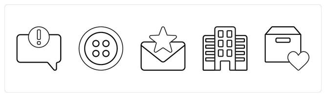A set of 5 mix icons as error in comment, button, favorite message in black line color vector